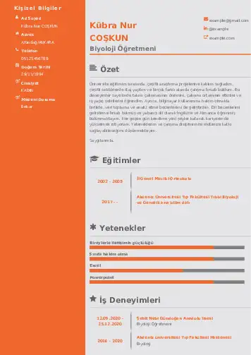 Biyoloji Öğretmeni CV Örnekleri cv indir